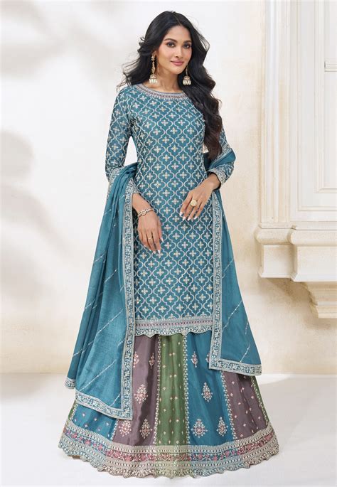 Teal Chinon Silk Indo Western Lehenga