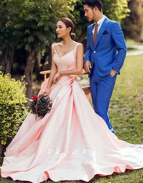 Engagement Blushing Pink Satin V Neck Formal Dress Promfy