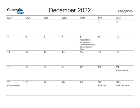 Philippines December 2022 Calendar with Holidays