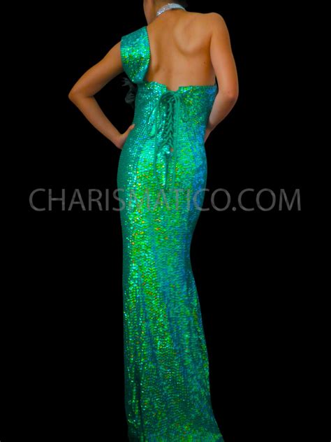 Brilliant Peacock Feather And Green Sequin Gown