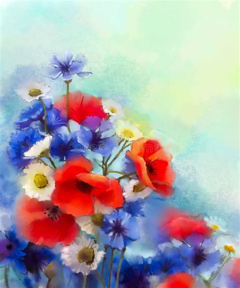 Fleurs Rouges De Pavot D Aquarelle Bleuet Bleu Et Peinture De