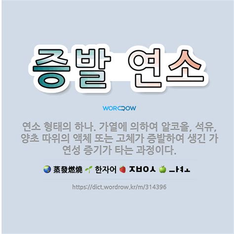 🌟증발 연소 연소 형태의 하나 가열에 의하여 알코올 석유 양초 따위의 액체 또는 고체가 증발하여 생 표준국어대사전