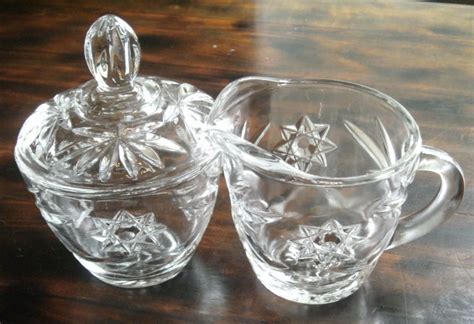 Vintage Cut Glass Sugar Creamer Set Star Pattern Clear