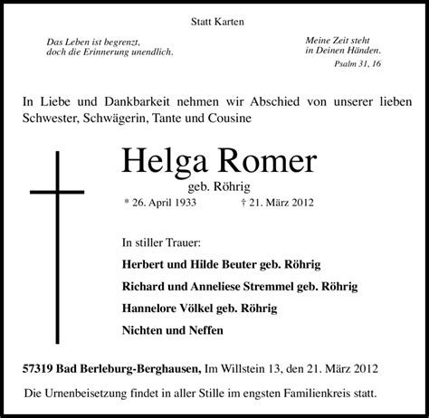 Traueranzeigen Von Helga Romer Trauer In Nrwde