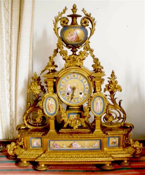 Big French Bronze Ormolu Clock Sevres Handpainted Porcelain Inserts