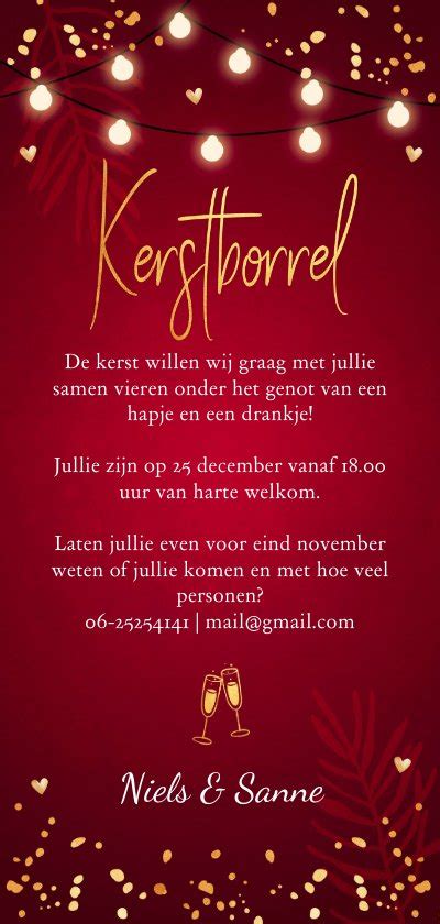 Kerstborrel Uitnodiging Rood Confetti Goudlook Kaartje2go