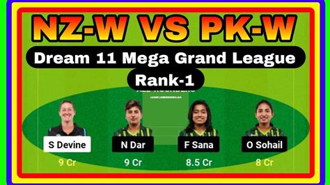 Nz W Vs Pk W Dream Prediction Stats Mega Grand League Gl Rank Nz W