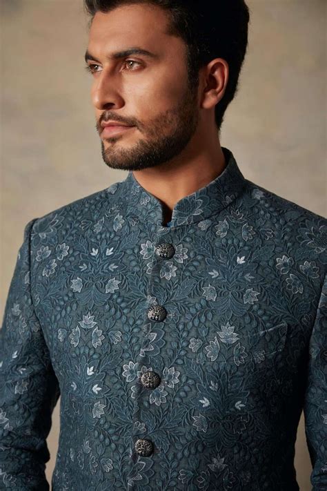 Buy Blue Linen Embroidered Floral Bandhgala And Kurta Set For Men By