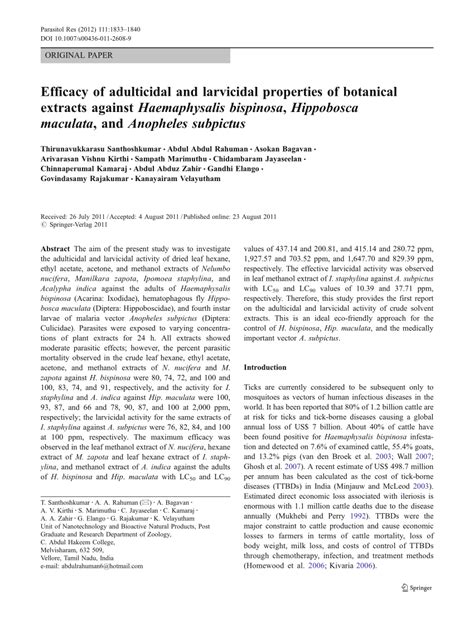 Pdf Efficacy Of Adulticidal And Larvicidal Properties Of Botanical