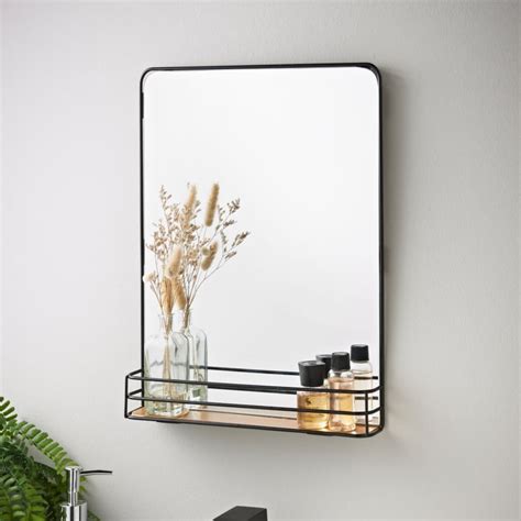 Black Mirror With Wooden Shelf Bathroom Furniture B M Stores