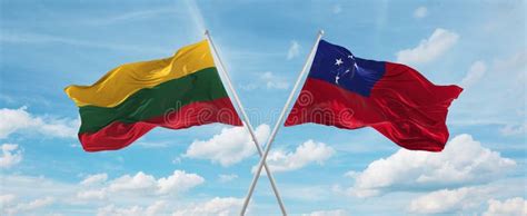 Two Crossed Flags Samoa And Lithuania Waving In Wind At Cloudy Sky