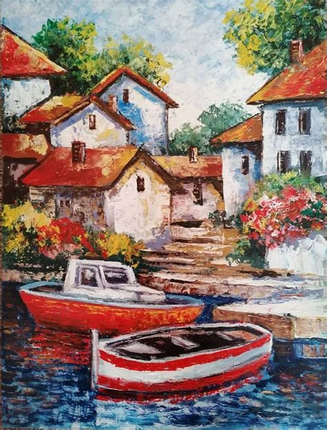 A small seaside village Painting | Painting, Boat painting, Beautiful ...