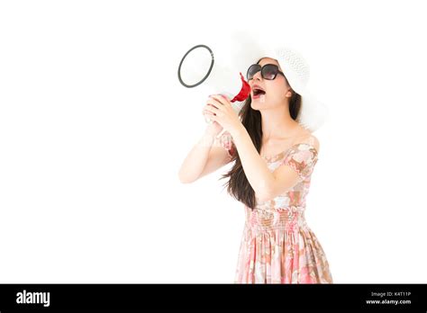 beautiful young lady holding loudspeaker telling news isolated  white
