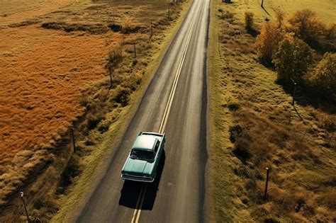 Vista aérea de un coche circulando por una carretera en el campo Foto