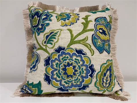 Blue/green Floral Pillow Cover, Pillow Cover With Fringe, Designer ...