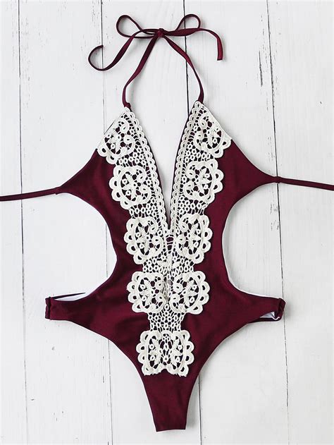 Shop Contrast Crochet Plunge Neck Monokini Online Shein Offers