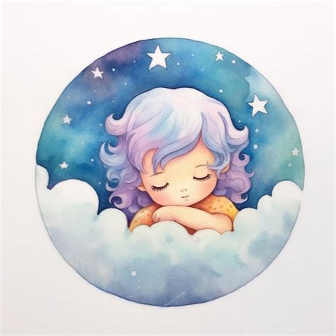 Un dibujo de una niña durmiendo en una nube con estrellas Foto Premium