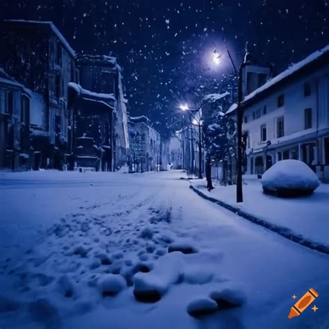 Paysage Hivernal De Nuit Avec Une Ville Sous La Neige On Craiyon