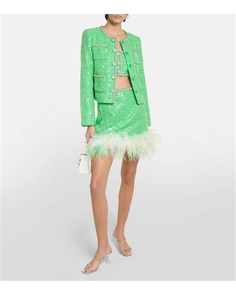 Self Portrait Feather Trimmed Sequined Boucle Miniskirt In Green Lyst