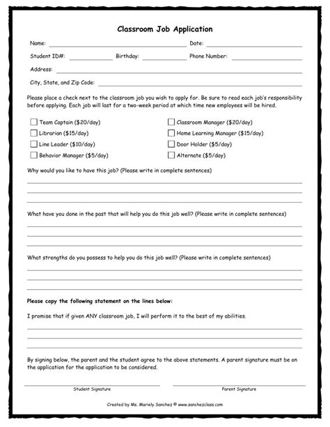 Classroom Job Application Ms Sanchez` Fourth Grade Class