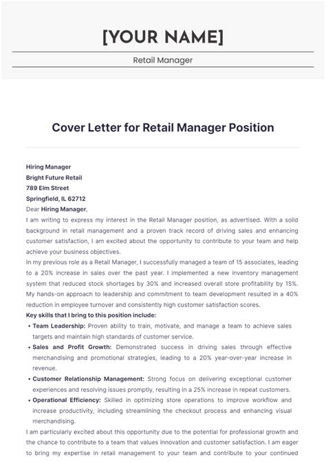 Free Cover Letter For Retail Manager Position Template Edit Online