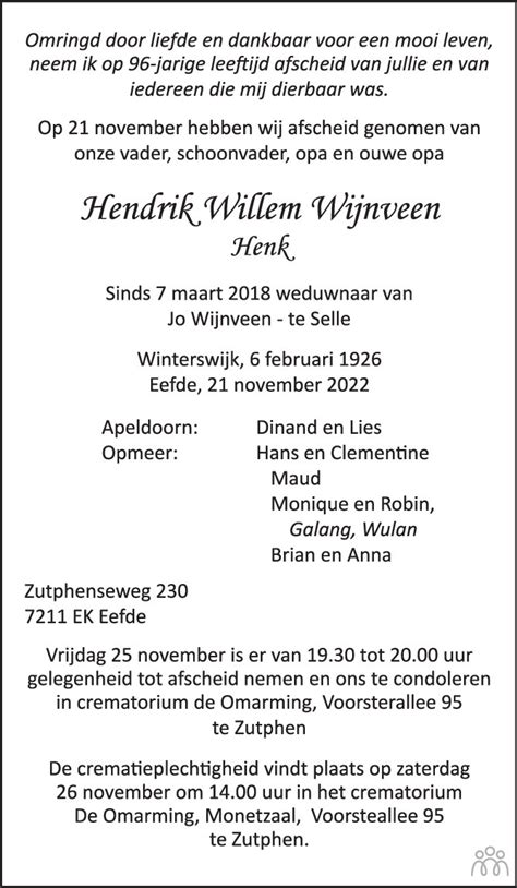 Hendrik Willem Henk Wijnveen Overlijdensbericht En