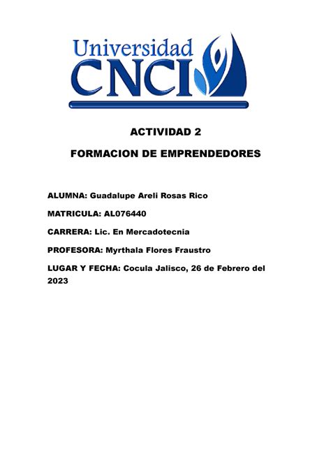 ACT 2 Formacion DE Emprendedores ACTIVIDAD 2 FORMACION DE