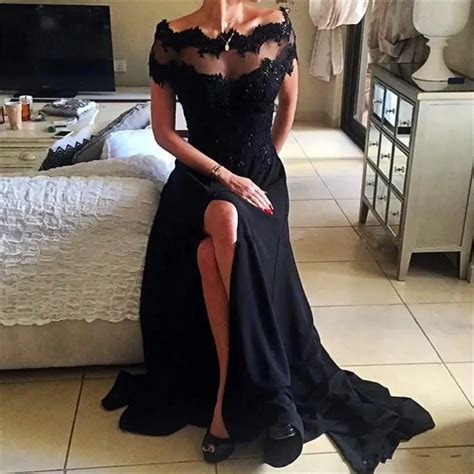 Buy Black Lace Prom Dresses Leg Slits Sheer Neck Off