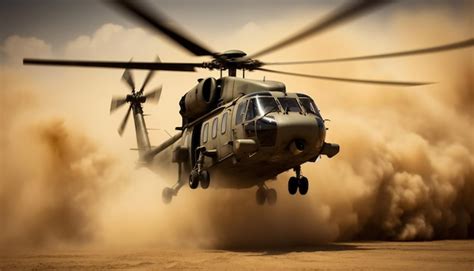 Premium Ai Image Black Hawk Helicopter Takes Off In Thick Dust Clouds