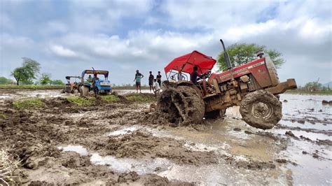 Massey Ferguson And Sonalika Tractor Stuck In Mud Pulling By Massey