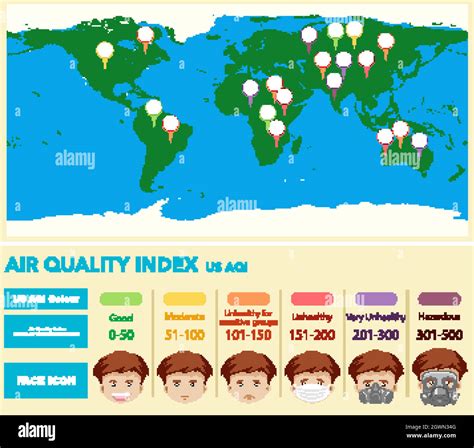 Diagram showing air quality index with world map in background Stock ...