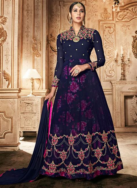 Buy Navy Blue Abaya Style Anarkali Suit Embroidered Anarkali Suit