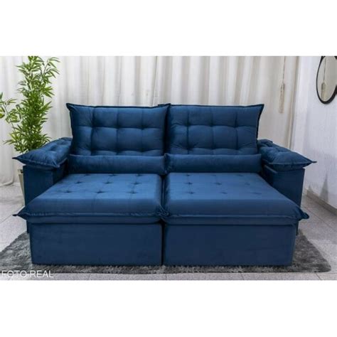 Sofá Retrátil Reclinável 2 00m Emanuelly Veludo Azul 03 D28 Soft