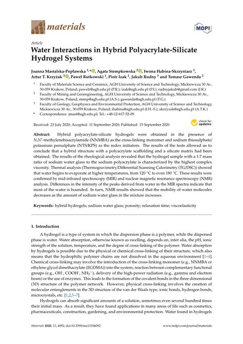 Pdf Water Interactions In Hybrid Polyacrylate Silicate Hydrogel Systems