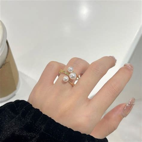 Lz Cincin Manik Elegant Bead White Pearl Ins Adjustable Ring Women