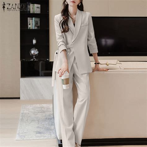 Zanzea Korean Style Womens Office Ladies Sets Long Sleeve Blazer Elastic Waist Straight Pants