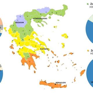 Map of Greece with the four climate zones and the corresponding mean ...