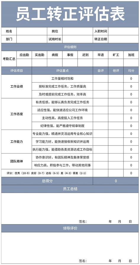 员工转正评估表excel模板完美办公