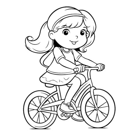 Niña feliz montando una bicicleta vector blanco y negro para colorear