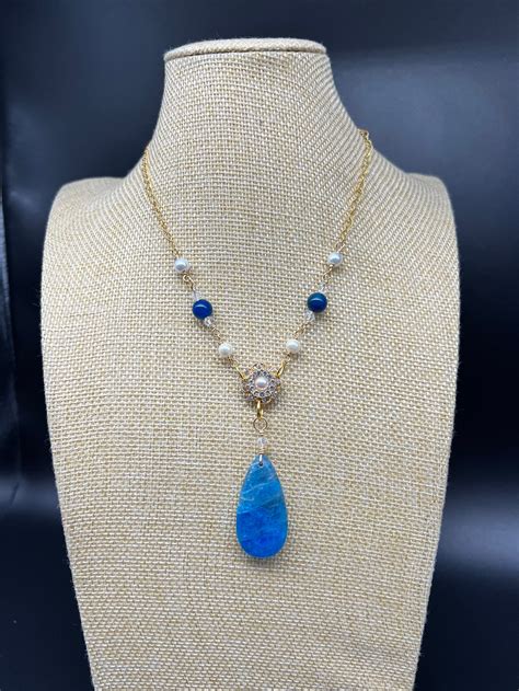 Blue Agate Pendant Necklace Blue Agate And White Glass Pearls On A