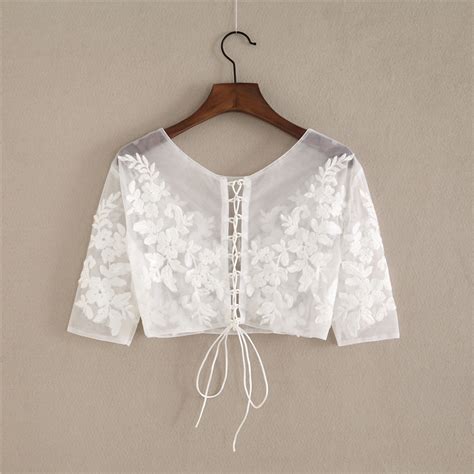 White Crop Sleeve Lace Crop Tops Embroidery Lace Elegant Wedding Bridal