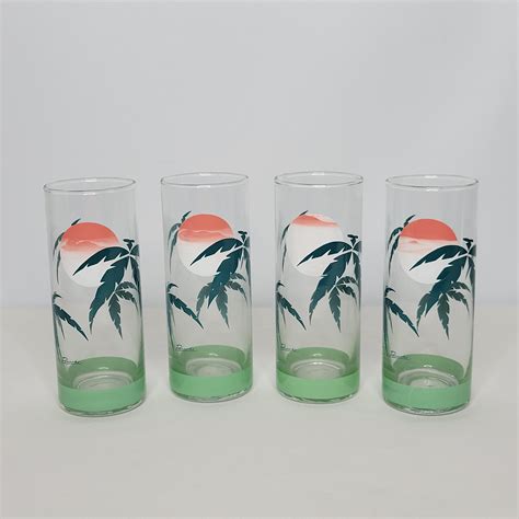 Set Of 4 Vintage Panache Palm Tree Sunset Glasses Highball Tumbler 14 Oz Etsy