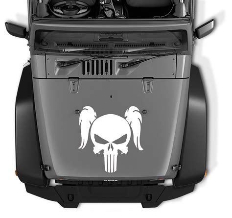 Jeep Wrangler Pigtail Punisher Skull Vinyl Blackout Hood Decal Female