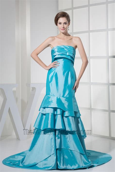 Blue Taffeta Strapless Prom Bridesmaid Dresses Formal Gown