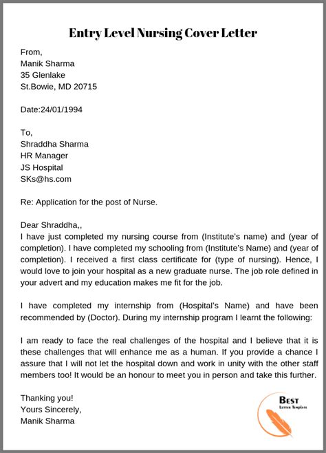 Nursing Cover Letter Template Format Sample Examples