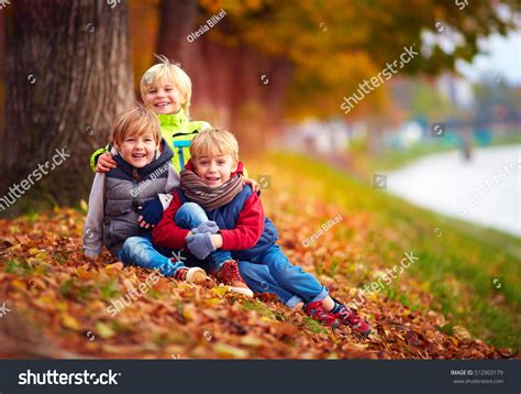 Three Handsome Kids Friends Together Autumn Stock Photo 512903179