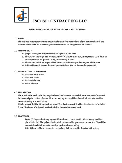 Method Statement For Pouring And Finishing A Second Floor Concrete Slab Pdf Concrete