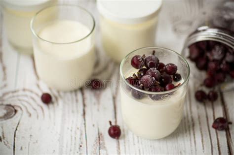 Yogur Dulce Casero Con Bayas Congeladas En Un Vaso Foto De Archivo