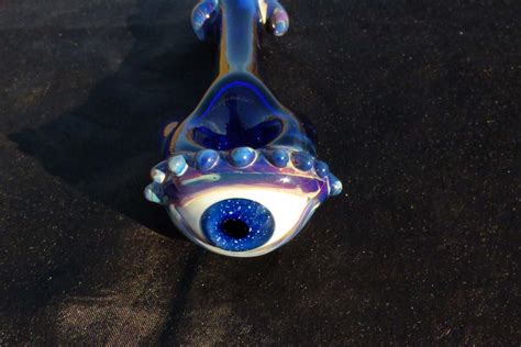 Glass Eye Pipe With Horns Blue Iris Double Amber Purple Eyelid And