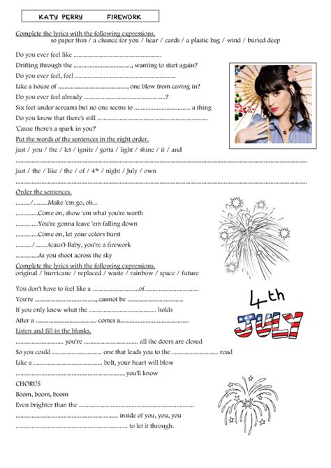 Song Worksheet Firework By Katy Perry